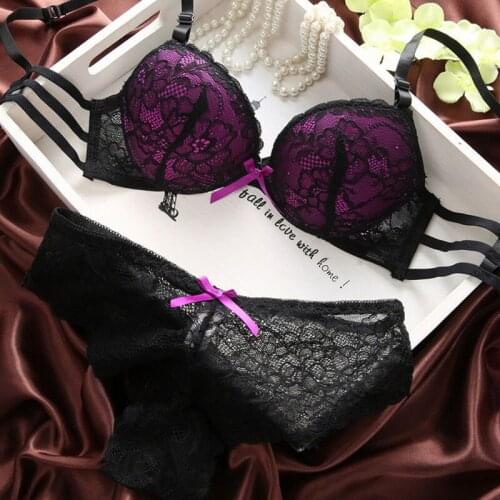 Women Bra & Brief Sets Embroidery Floral Transparent Full Lace Sexy Bra Set Wire Free Ultra-thin Cheeky Lingerie PINK PURPLE