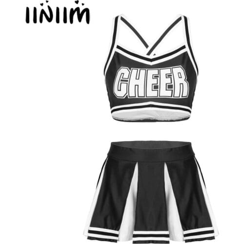 Women Adults Cheerleader Costume Uniform Schoolgirls Fancy Party Dress Back Crossed Crop Top with High Waist Mini Pleated Skirt