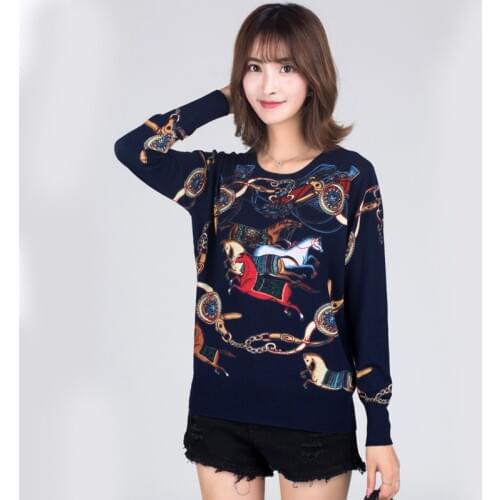 Winter Runway Sweater Women Luxury Brand Design Elegant Long-sleeve Loose Printed Sweater Knitted Pullovers Tops Feminino New
