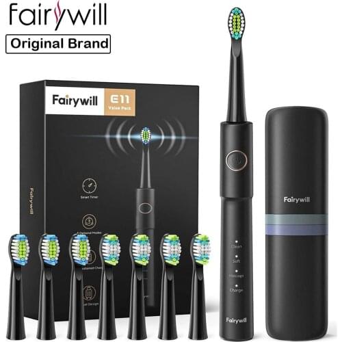 Fairywill Sonic Electric ToothbrushUSB Charge Rechargeable E11 Waterproof Electric Toothbrush 8 Brush Replacement Heads Adult