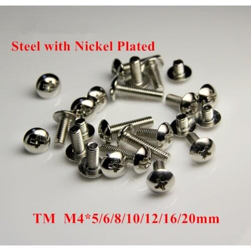 100pcs TM M4*5/6/8/10/12/16/20mm Phillips Truss Head Machine Screws Large Pan Cross Recessed Mushroom Screw Steel with Nickel