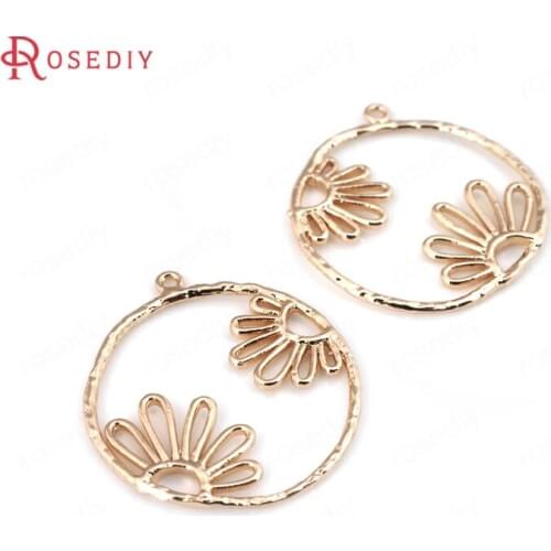 F595)6 pieces 28*26mm 24K Champagne Gold Color Brass Round Flower Charms Pendants High Quality Diy Jewelry Findings Accessories