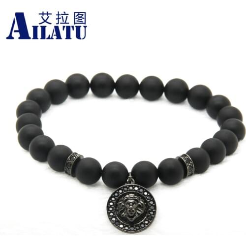 Ailatu 8mm Black Matte Stone Copper Beads Micro Pave CZ Animal Head Charm Bracelets Mens Jewelry Animal Shape