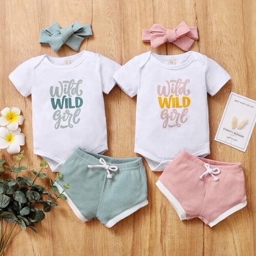 Newborn Baby Girls Letter Print Short Sleeve Bodysuit Shorts Headband 3Pcs Sets Outfits Summer Clothing for Infant Kids D30