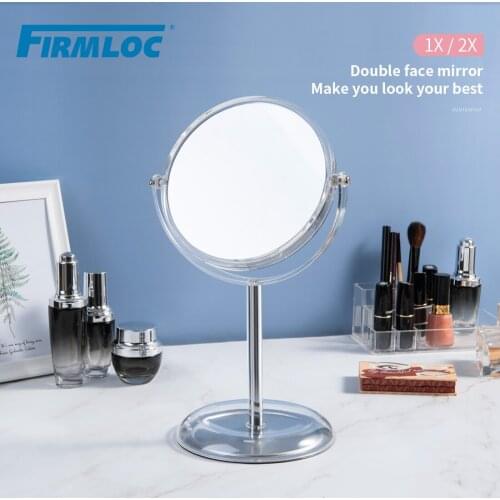 Double sided rotatable desktop transparent plastic cosmetic mirror 2 times magnifying mirror circular desktop cosmetic mirror
