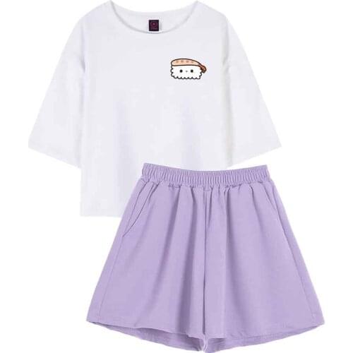 Sleepwear Set Cotton Cute Rice Ball Graphics Female Pajama Suit Short Two Piece Set Women Top and Pants Loungewear Suit 2021