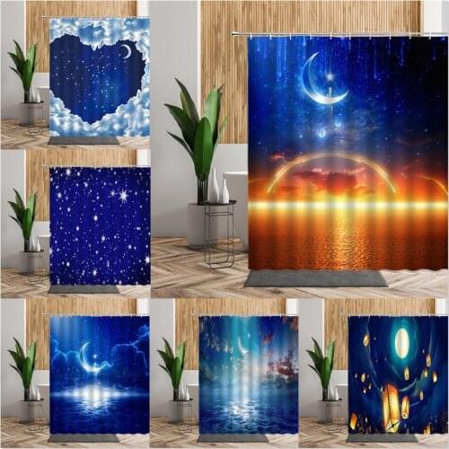 Moon Star Sky Shower Curtain Set Blue Night Sea Scenery Fantasy Bathroom Decor Bath Polyester Partition Curtains For Kid Bedroom