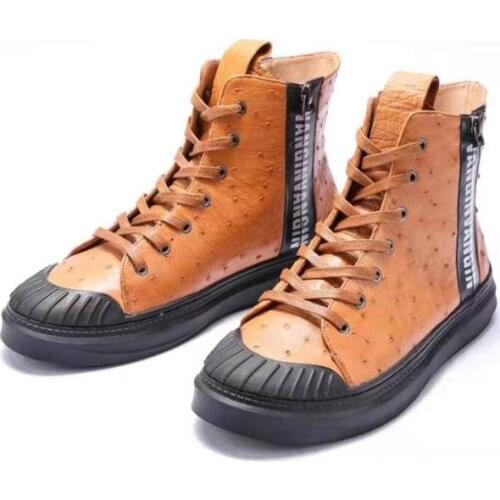 Newly production 100% real genuine ostrich skin brown colors winter boots shoe with genuine cowhide skin lining