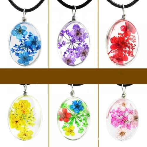 Handmade Dried Flower Permanent Preservation Women Jewelry Transparent Glass Ellipse Pendant Necklace Fashion Wax Rope Necklace