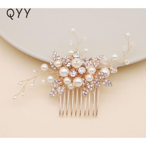 QYY Newest Flower Rhinestone Wedding Hair Accessories Rose Gold Color Hair Comb Bridal Headpieces Women Hairpins