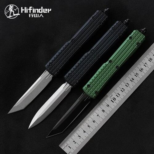 Hifinder black/green aluminum handle D2 steel knife, outdoor camping tactical defense tool survival knife EDC fruit knife