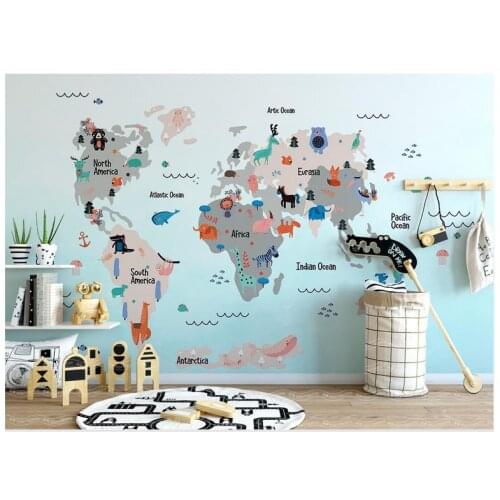 High Quality Custom 3d wallpaper murals Hand painted cartoon wallpaper world animal map children room mural background wall