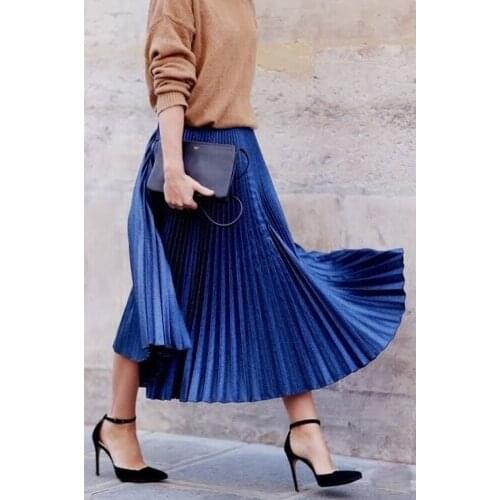 Women Solid color Pleated Retro High Waist Elastic Waist Skirt Fashion Long Maxi Beach Evening Party Club wear Skirt