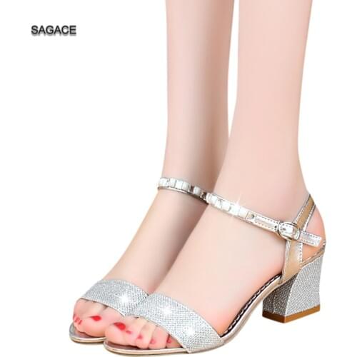 SAGACE Women Ladies Fashion Crystal Casual Square Heel Single Shoes Sandals Summer Shoes 2020 Beach Vintage Sandalias Mujer