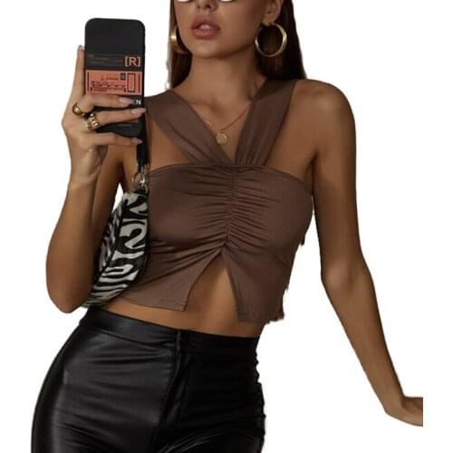 Womens Summer Fashion Solid Color Vest Sexy Pleated Irregular Split Eposed Navel Sleeveless Tops