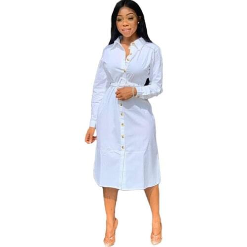 White Shirt Dress Women Button-up Knee-length Long Sleeve Shift Dress Office Lady Loose Casual Tunic Basic Dresses Without Belt