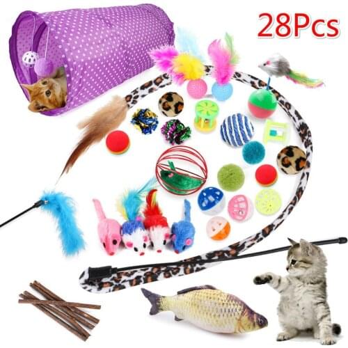 28 Pcs Cat Toys Kitten Toys Assorted Cat Tunnel Catnip Fish Feather Teaser Wand Fish Fluffy Mouse Mice Balls and Bells Toys