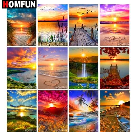 HOMFUN Diamond Painting Full Square/Round Drill 5D DIY "Lake Sunset Beach" Daimond Embroidery Rhinestone Cross Stitch Decor