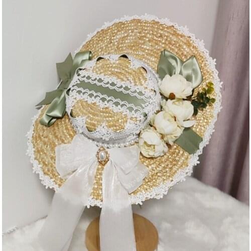 Women Girls Straw Cap Lolita Lightweight Caps Rural Girls Tea Party Hollow Lace Embroidery Lady Daily Accessories