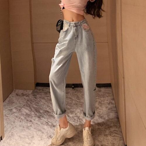 Jeans womens straight tube loose 2021 spring and autumn new high waist thin versatile hole wide leg pants