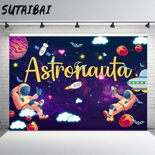 Outer Space Astronaut Backdrop Purple Galaxy Background Photography for Boy Happy Brithday Party Decoration Photo Studio Props