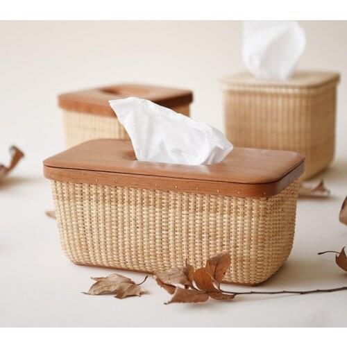 Rattan tissue box Pastoral style handmade rectangle rattan wooden cover tissue box COD