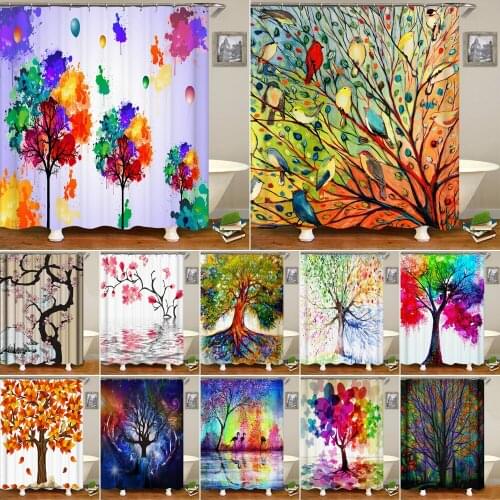 Colorful Plant Trees Scenery Forest Shower Curtains Art Oil Painting Bathroom Curtain with 12 Hooks Polyester Fabric Home Decor