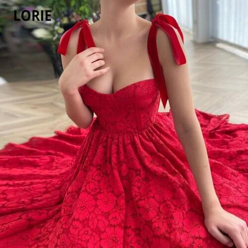 LORIE Flowery Lace Prom Dresses Tea Length with Bustier Corset Decorative Straps Special Occasion Evening Wedding Party Dress