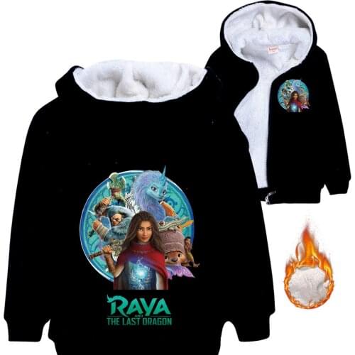 Cartoon Raya and The Last Dragon Print Jacket Girls Winter Velvet Warmth Clothes Baby Boys Hoodies Jackets Outfit Raya Kids Coat