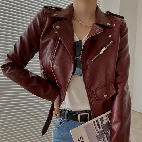 Korean Slim Faux Soft Leather Women Jacket Plus Belt Lapel Long Sleeve Motorcycle PU Blue Coat Ladies Casual Biker Jacket Autumn