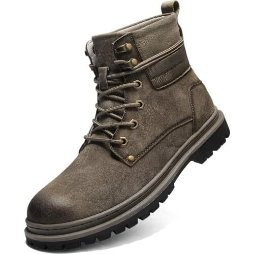 Fashion high-end leather mens Martin boots, casual non-slip work boots, high-top motorcycle boots, lace-up brown handmade boots