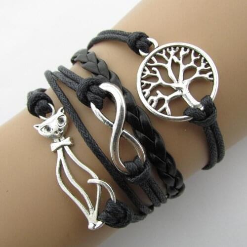 Fashion Women Jewelry Retro Cat Trees Eight Characters Stranded Handmade Multi Layer Braided Leather Bracelet Vintage B-080