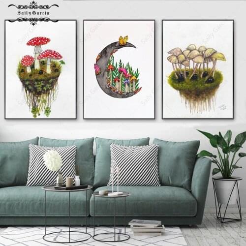 Mushroom Spirits Poster and Prints Nature Forest Watercolor Canvas Painting Witch Wall Art Pictures for Kids Room Decoration