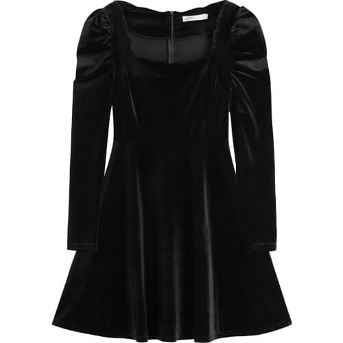 2020 autumn and winter new high-end slim temperament long-sleeved black short velvet square neck dress women