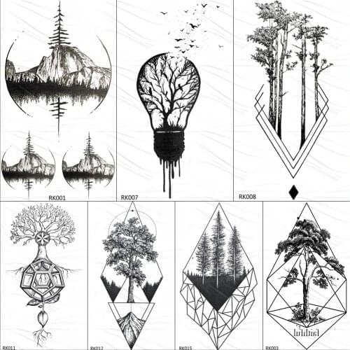 OMMGO Bulb Pine Tree Geometric Temporary Tattoos Sticker Diamond Round Custom Tattoo Body Art Fake Tatoos Black Small Forest