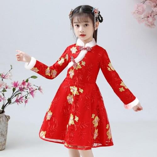 Princess Girls Winter Jacquard Dress Velvet New Year Dance Dresses Wedding Party Prom Gown Size 110-160 Kids Cheongsam Vestidos