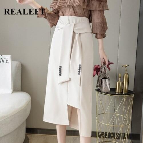 REALEFT 2021 New Elegant Womens Wrap Skirts with Sashes High Waist Female Office A-Line Split Long Skirts Spring Summer