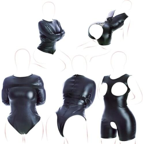 Sexy Leather Open Breast Crotchless Bodysuit Arm Binder Sex Slave Bondage Wetlook CLUB Costume Women Slutty BDSM Exotic Sex Toys