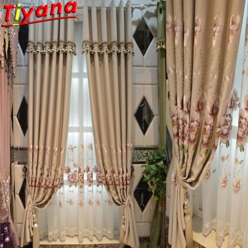 Drapes In Living Room Luxury Beige Curtains with Flower Embroidery for Bedroom Blue/Purple Window Treatment Sheer Tulle HM137#VT