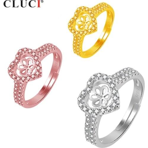CLUCI Silver 925 Heart Zircon Wedding Rings for Women Adjustable Pearl Ring Mounting 925 Sterling Silver Heart Ring SR2125SB