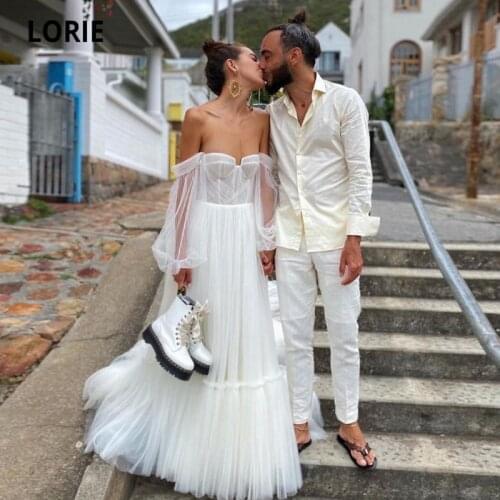 LORIE Wedding Dresses Boho Off the Shoulder Long Puff Sleeves Ruffled Wedding Gown A-Line White Ivory Beach Bridal Dress 2021