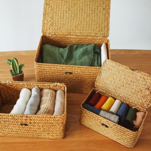 Seaweed With Button Basket Straw Debris Desktop Storage Box Hand-woven Storage Basket Clothing Storage Basket Home Decoration