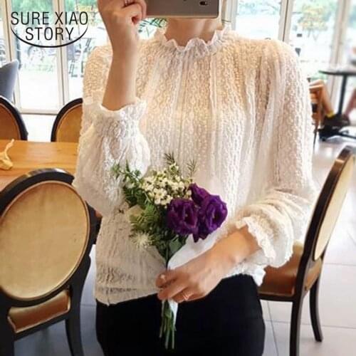 Stand-up Collar 2020 Spring Women Petal Sleeve Autumn Slim-fit Blouses Sweet Lace Bottoming Hollow Out Shirt Blusas Mujer 11685