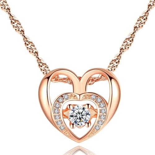 1 Piece Hanging 2 Heart Shape Box Chain Pendant Necklace Setting Cubic Zirconia Silver Color Necklaces for Women