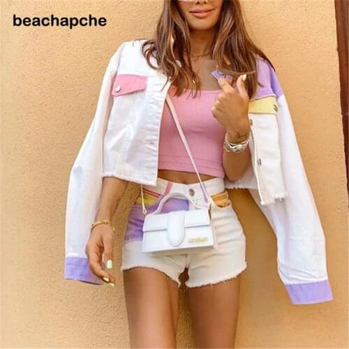 Beachapche Colorful Patchwork Denim Jacket Cotton White Casual Chic Autumn Jacket Pockets Female Women Jacket Coat Chaquetas