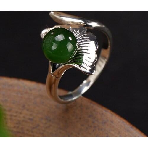 Hot silver S925 Sterling Silver and Tian Biyu round bead inlaid ginkgo leaf ladys high-end Joker ring wholesale