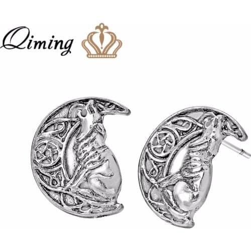 QIMING Wolf Crescent Moon Punk Earrings For Women Female Odin 's Symbol of Norse Viking Metal Cool Wholesale Jewelry Earring