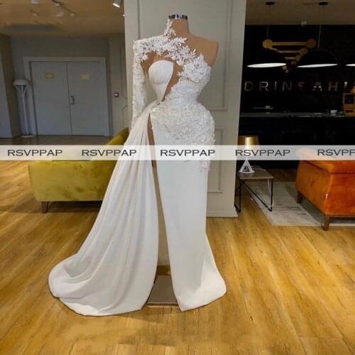 White Mermaid Long Evening Dresses 2020 Sexy Slit Beaded Appliques Top One Long Sleeves Women Night Formal Gowns Abendkleider