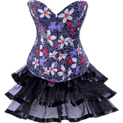 Free Shipping Woman Waist Trainer Floral Corset Dress Vintage Sexy Push up Overbust Corset With Mini TuTu Layered Skirt M1998