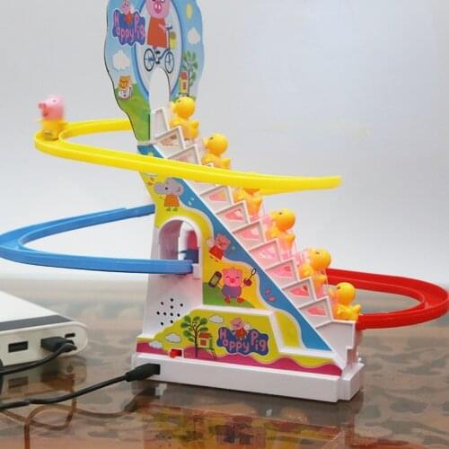 Electric little yellow duck piggy climbing stairs slide rail car toy for boys and girls